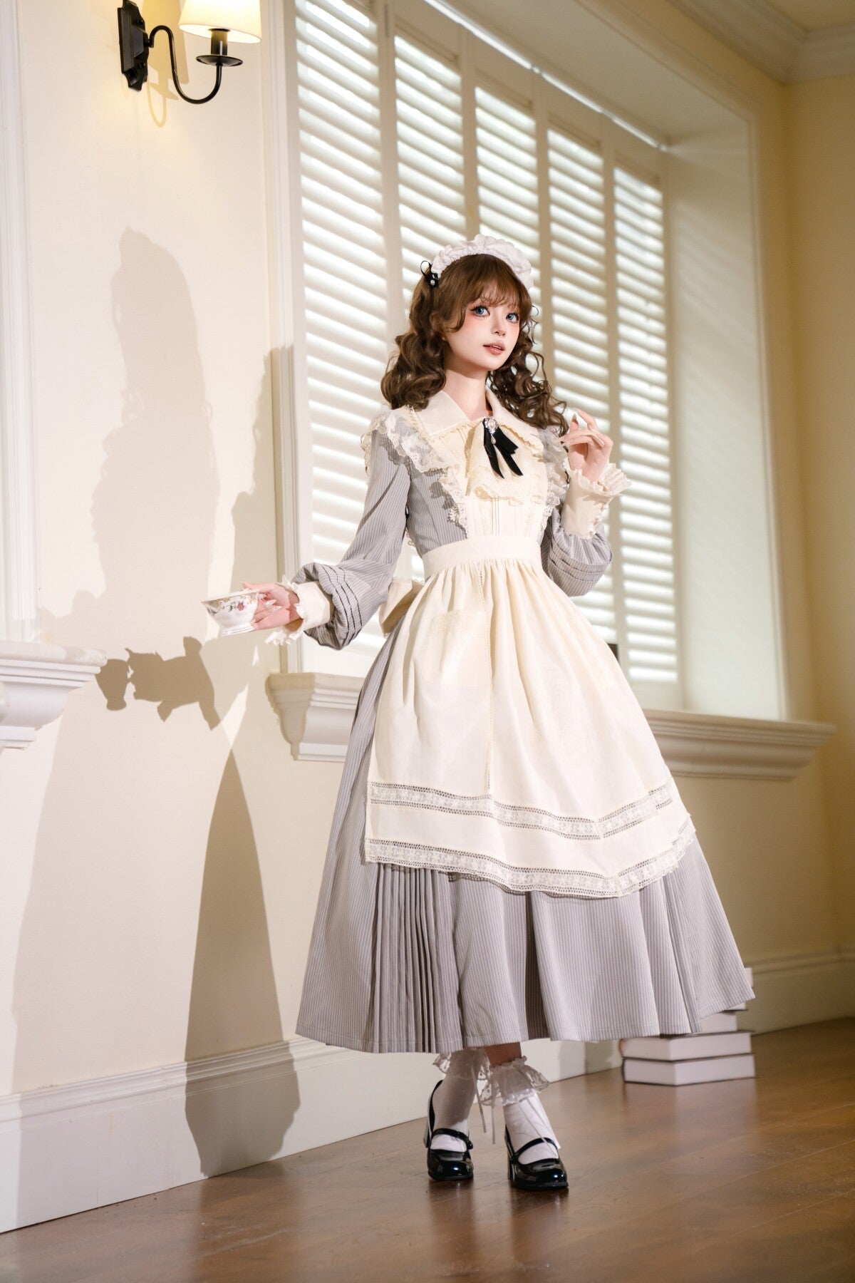 Garden Literature Maid Classic Lolita Dress - LolitaEraGrey Striped Dress + ApronXSGarden Literature Maid Classic Lolita Dress