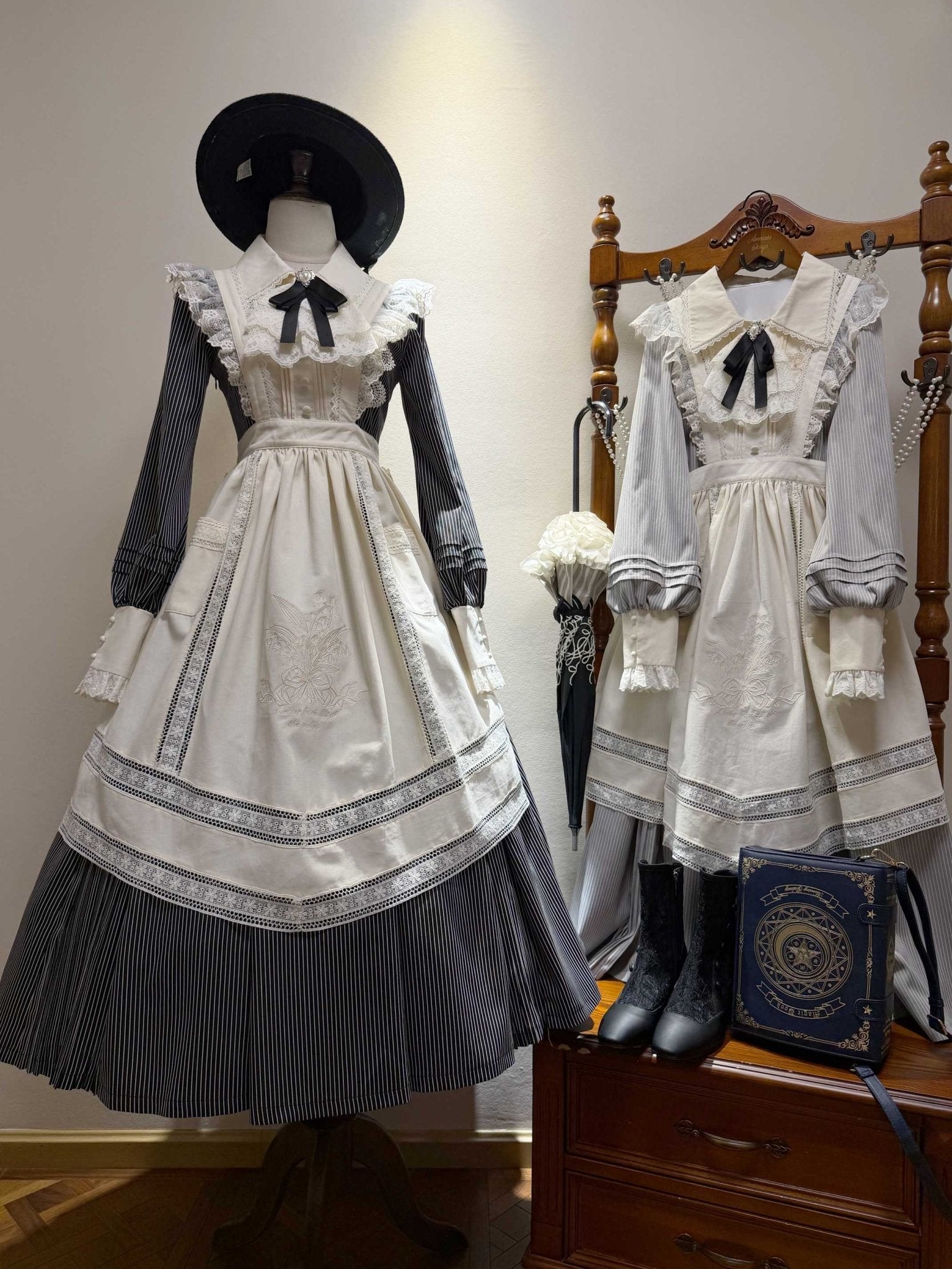 Garden Literature Maid Classic Lolita Dress - LolitaEraGrey Striped Dress + ApronXSGarden Literature Maid Classic Lolita Dress