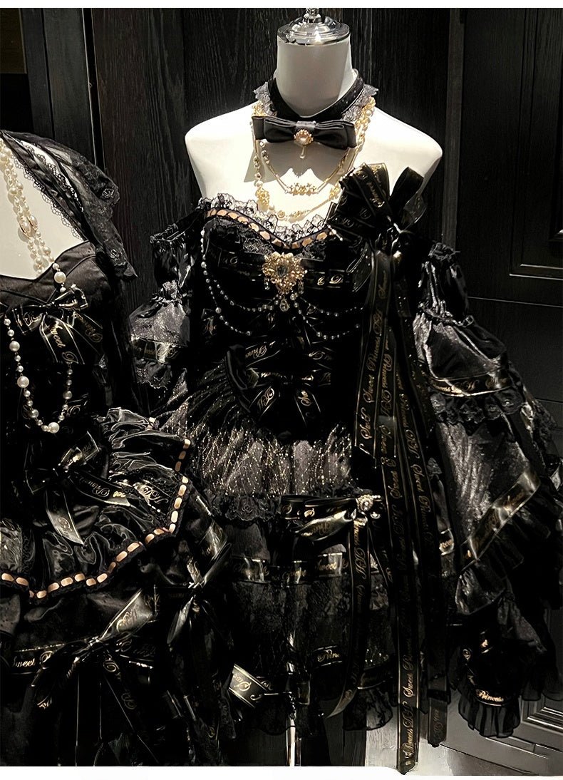 Golden Obsidian Night Black Evening Princess Dress - LolitaEraBlack DressSGolden Obsidian Night Black Evening Princess Dress