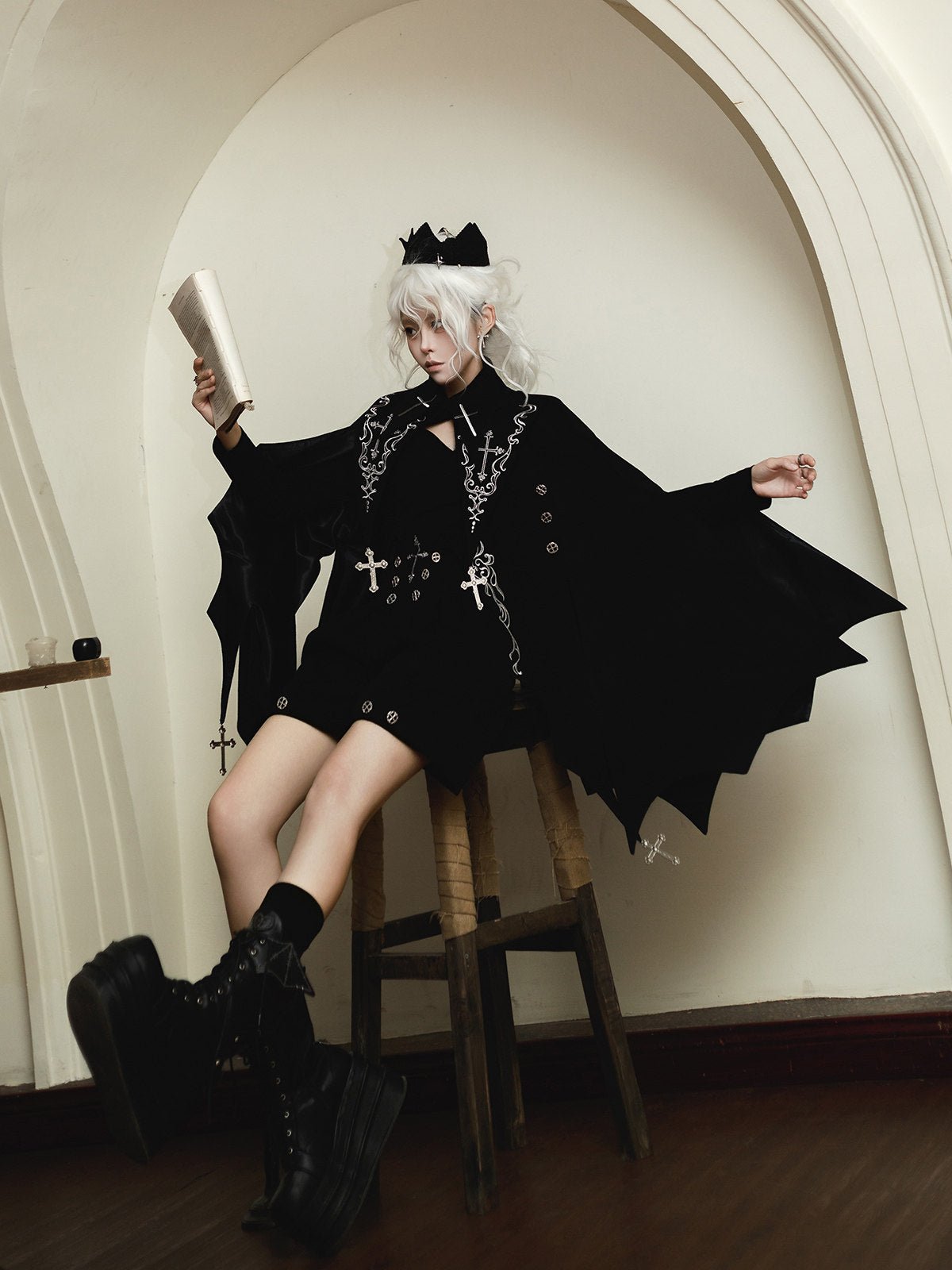 Gothic Bat Cape Shota Knight Prince Set - LolitaEraCape + Top + ShortsSBlackGothic Bat Cape Shota Knight Prince Set
