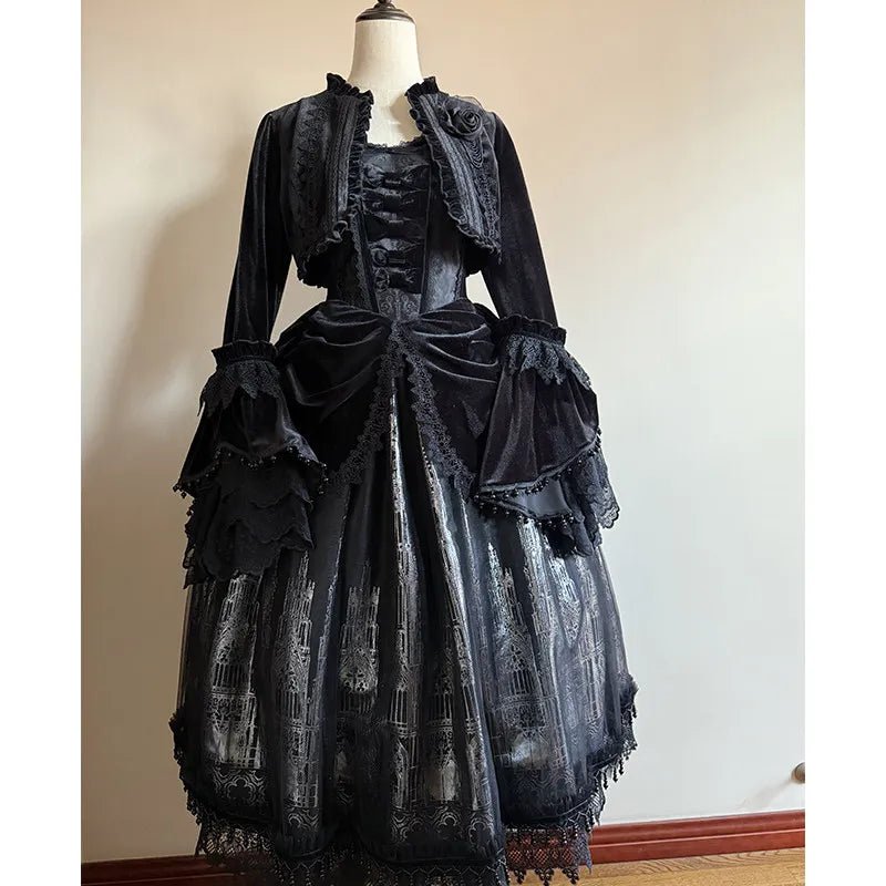 Gothic Cathedral Velvet Lace Corset Lolita JSK and Jacket Set - LolitaEra