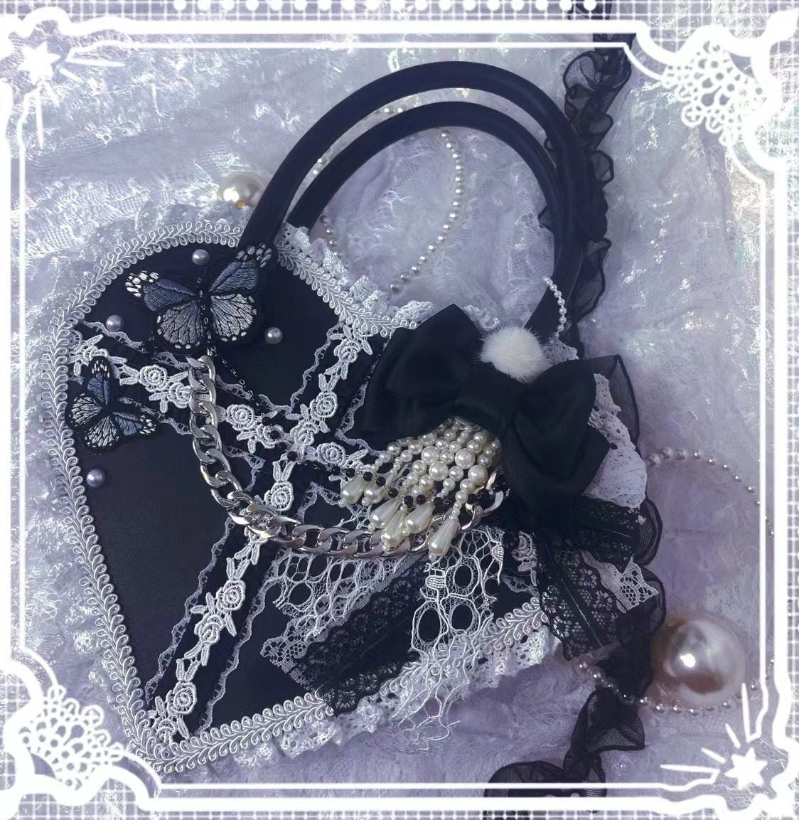 Gothic Heart Handmade Handbag LE5205 - LolitaEraBlack WhiteGothic Heart Handmade Handbag LE5205