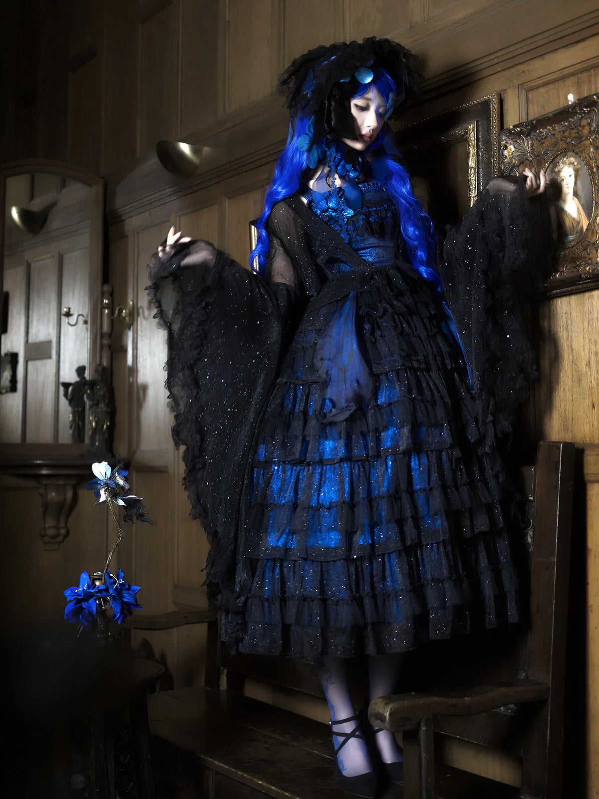 "Shimmering Butterfly" Twelve Mi Hua Original Dark Gothic Embroidery Blue Morpho JSK High-Low Gorgeous Lolita Dress