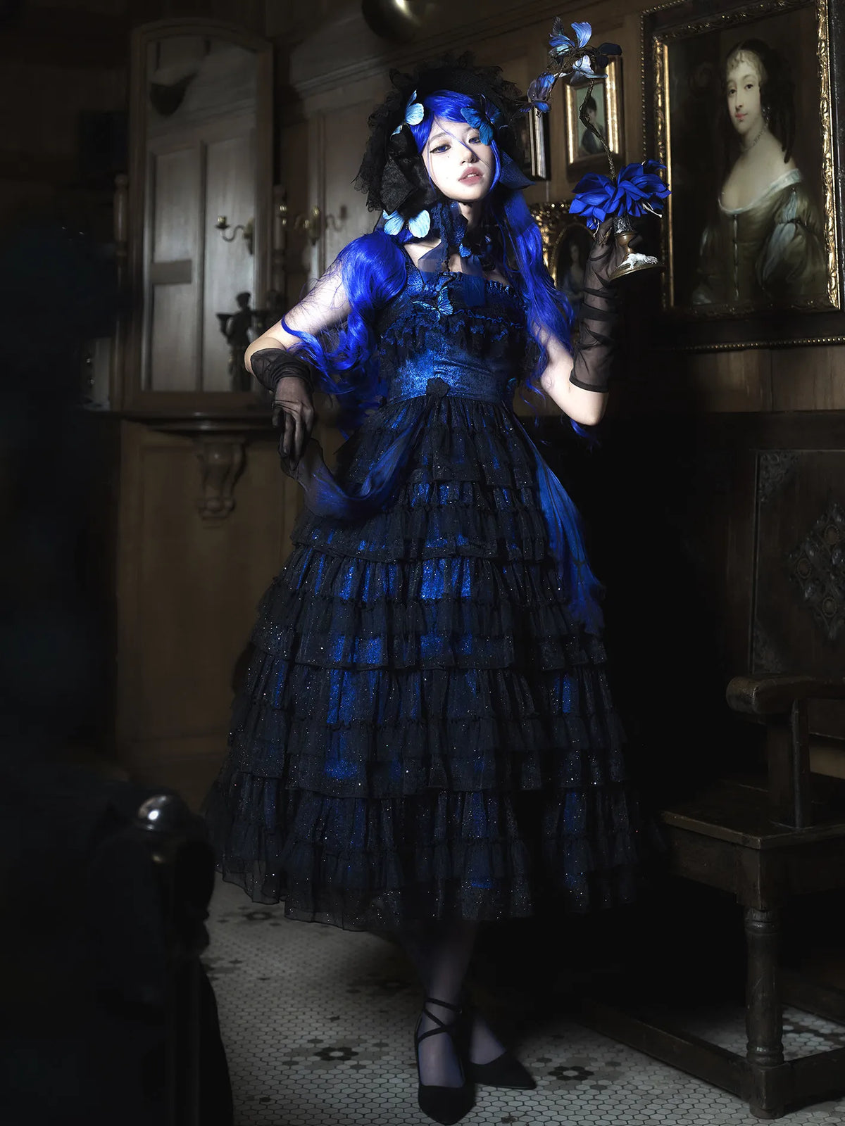 "Shimmering Butterfly" Twelve Mi Hua Original Dark Gothic Embroidery Blue Morpho JSK High-Low Gorgeous Lolita Dress