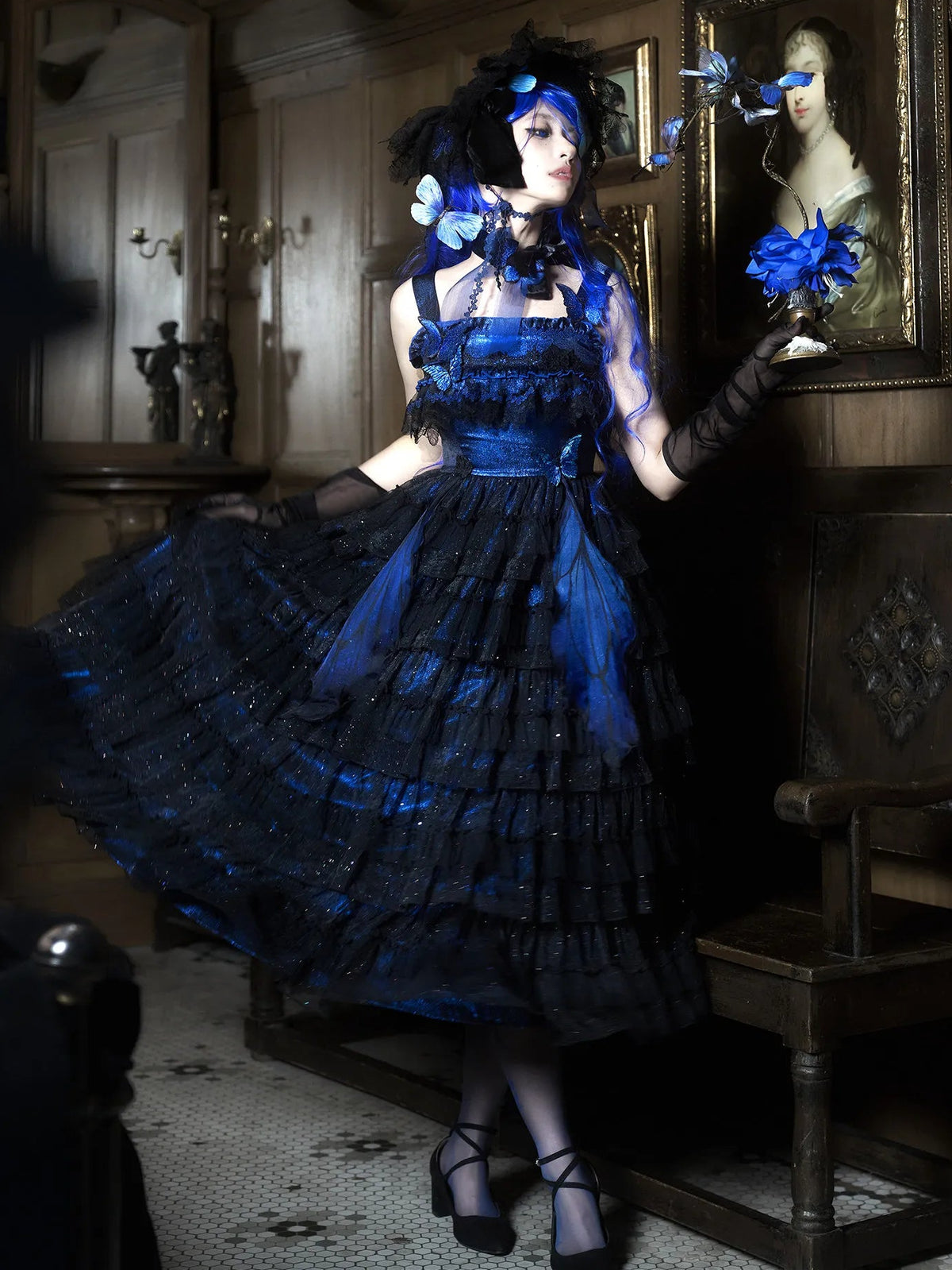"Shimmering Butterfly" Twelve Mi Hua Original Dark Gothic Embroidery Blue Morpho JSK High-Low Gorgeous Lolita Dress