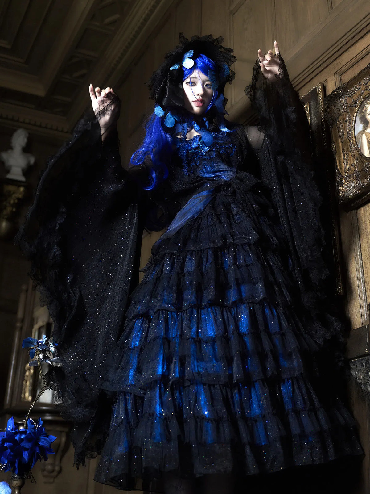 "Shimmering Butterfly" Twelve Mi Hua Original Dark Gothic Embroidery Blue Morpho JSK High-Low Gorgeous Lolita Dress