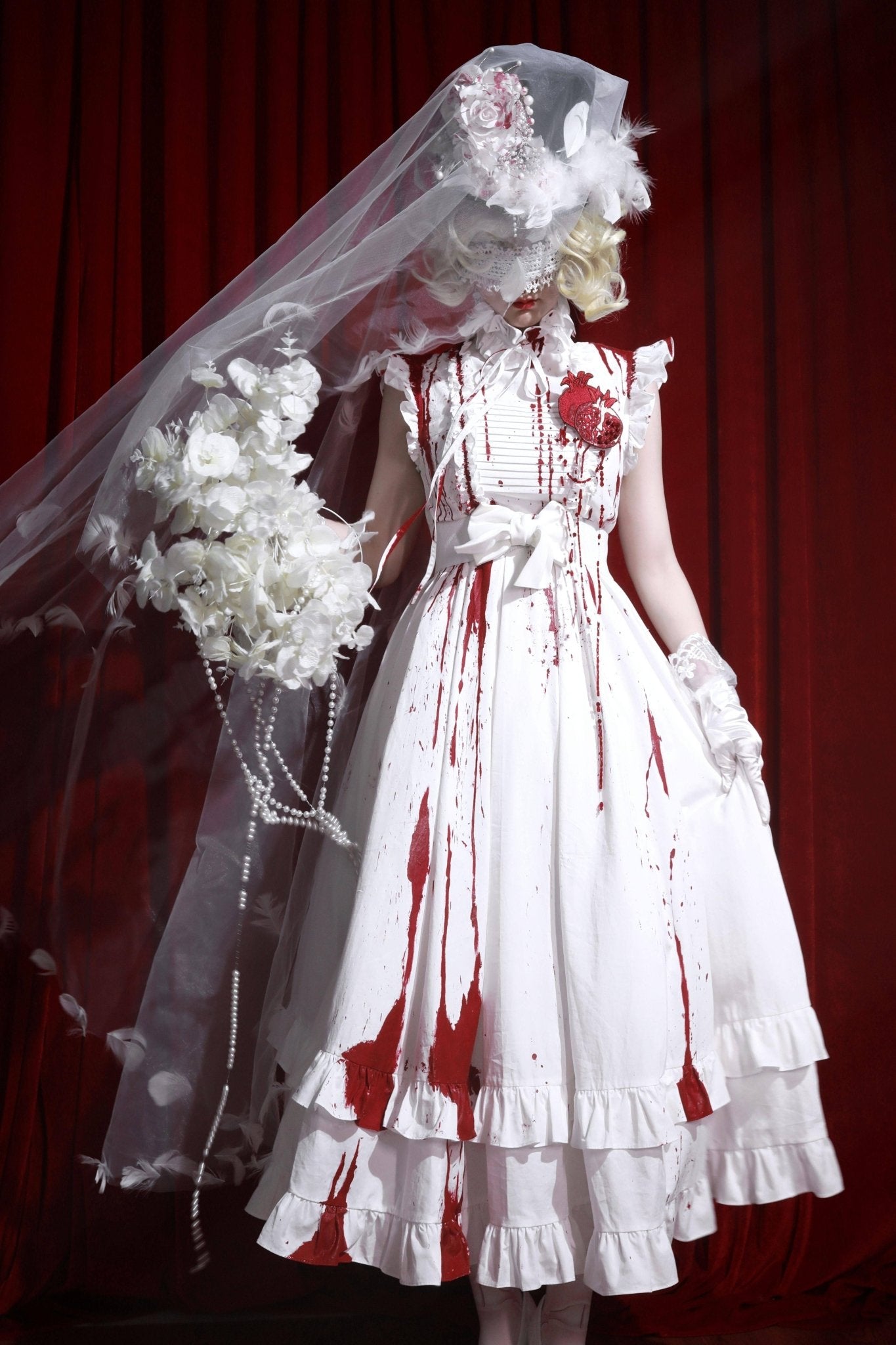Gothic Lolita Dress with Red Blood Splatter Print - LolitaEraRed SetSGothic Lolita Dress with Red Blood Splatter Print