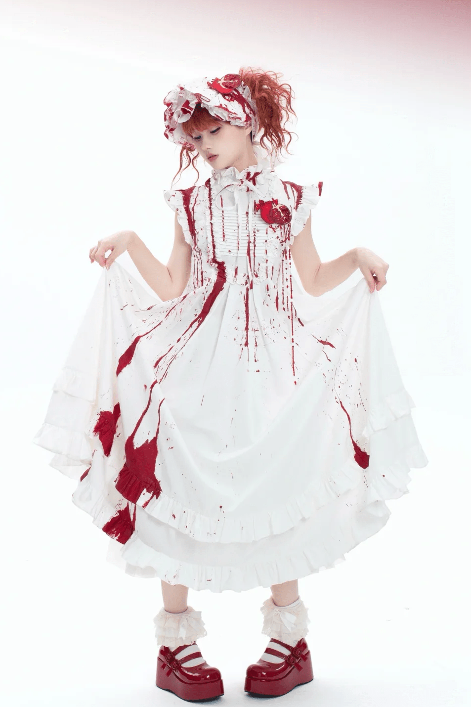 Gothic Lolita Dress with Red Blood Splatter Print - LolitaEraRed SetSGothic Lolita Dress with Red Blood Splatter Print