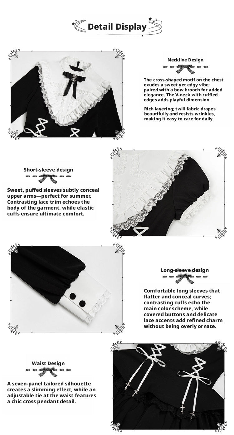 Gothic Sweet Lace Ruffle Cross Lace-Up Long Sleeve Lolita OP Dress with Shorts - LolitaEra