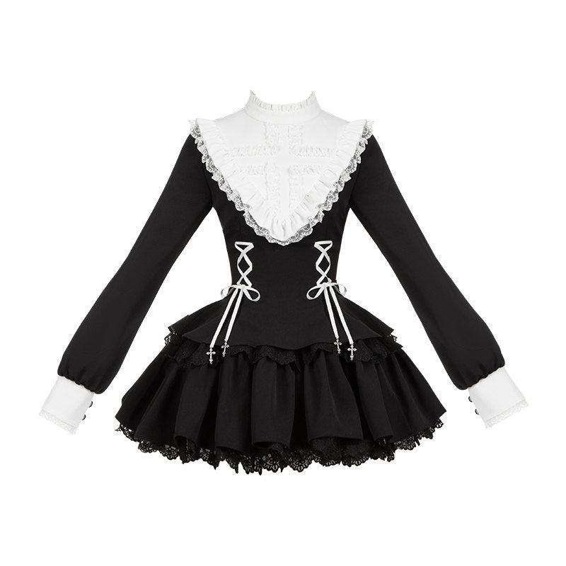Gothic Sweet Lace Ruffle Cross Lace-Up Long Sleeve Lolita OP Dress with Shorts - LolitaEra