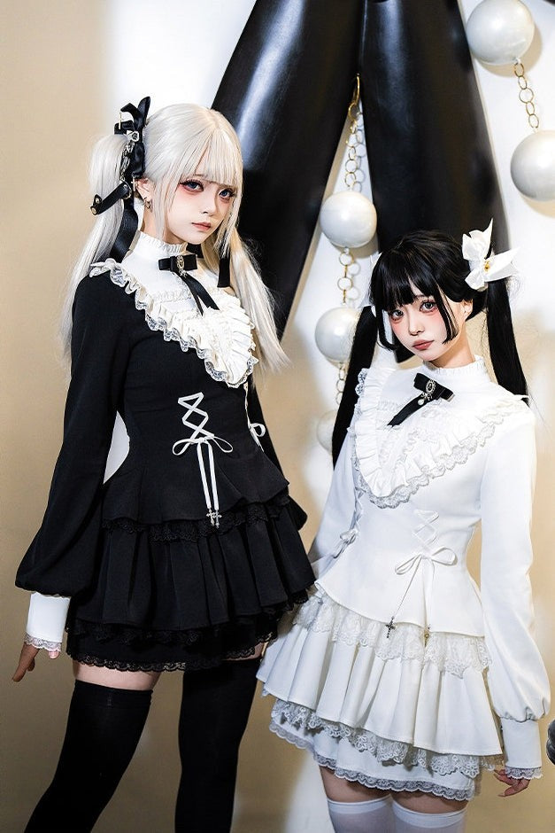Gothic Sweet Lace Ruffle Cross Lace-Up Long Sleeve Lolita OP Dress with Shorts - LolitaEra