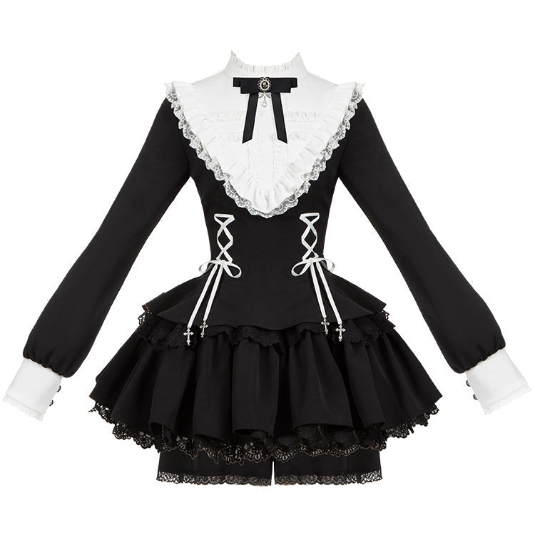 Gothic Sweet Lace Ruffle Cross Lace-Up Long Sleeve Lolita OP Dress with Shorts - LolitaEra