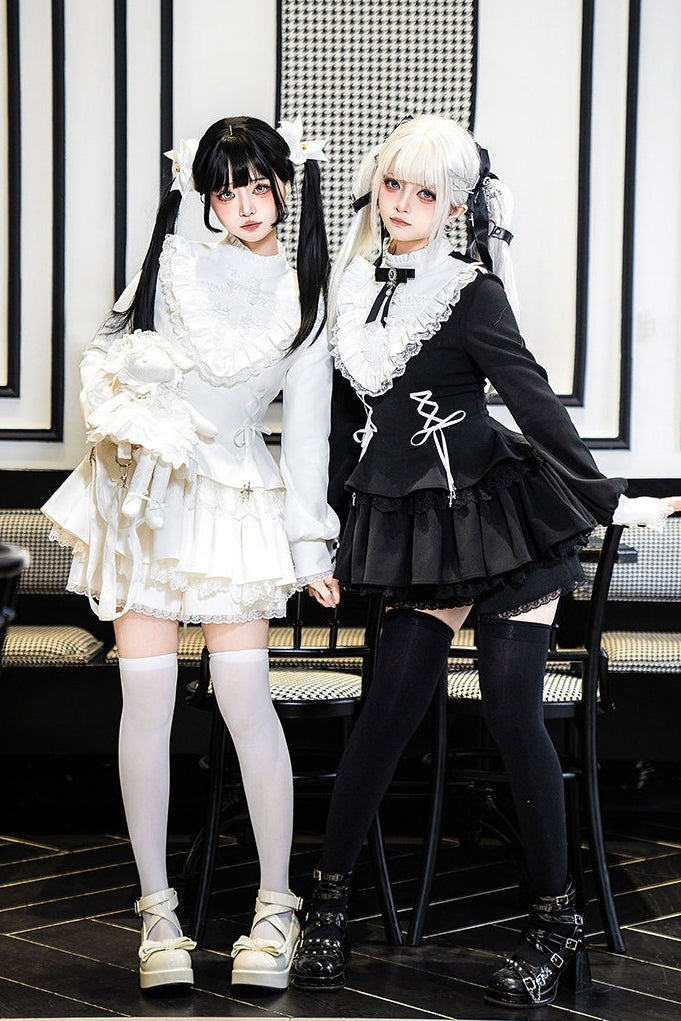 Gothic Sweet Lace Ruffle Cross Lace-Up Long Sleeve Lolita OP Dress with Shorts - LolitaEra