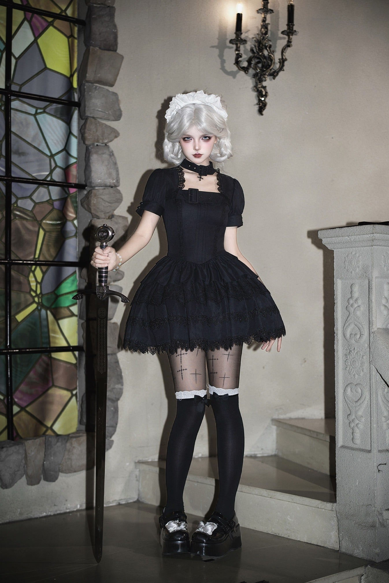 Gothic Sweet Maid Cross Lace Mini OP Dress with Apron Set Navy Black - LolitaEra