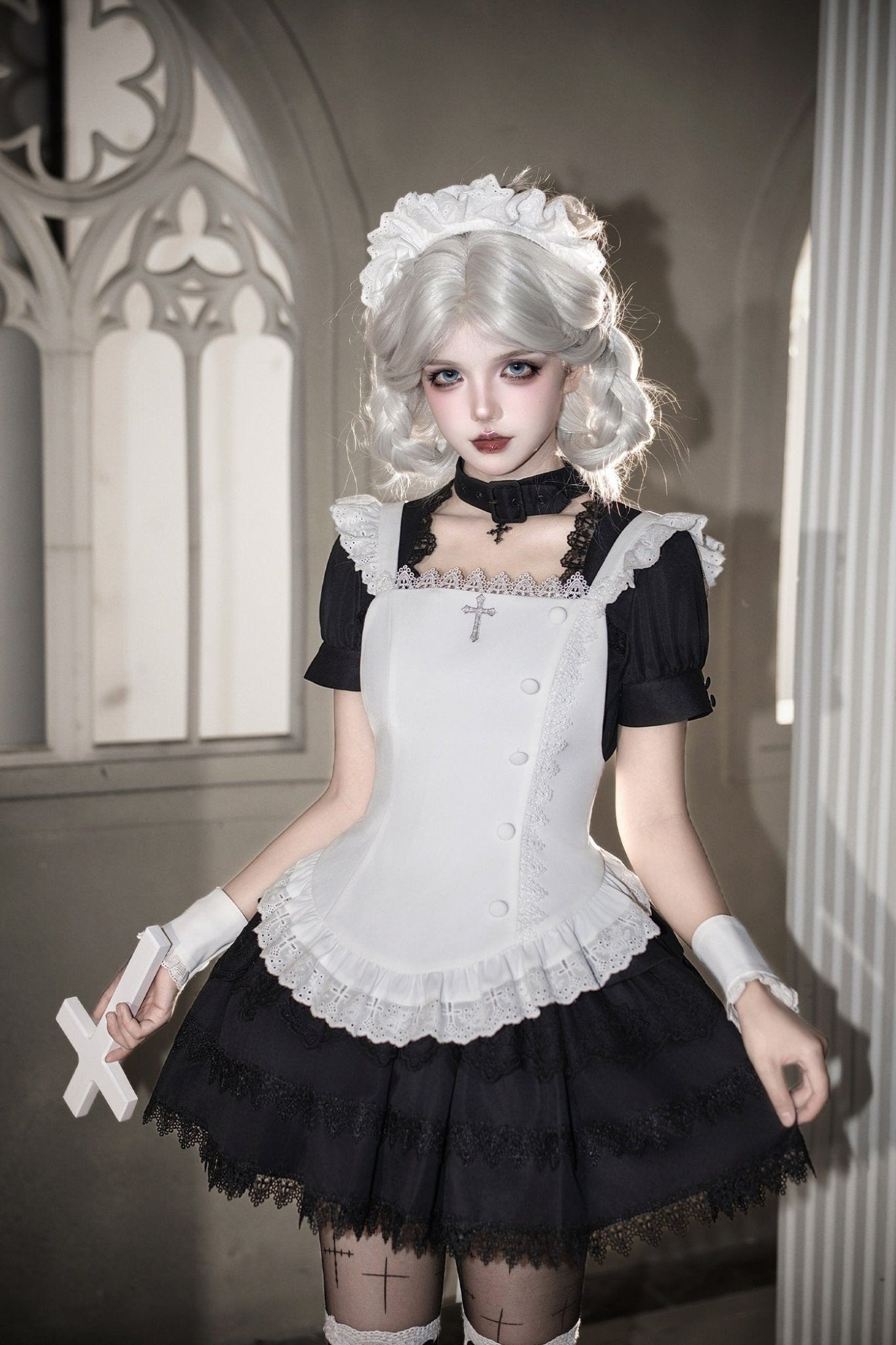 Gothic Sweet Maid Cross Lace Mini OP Dress with Apron Set Navy Black - LolitaEra