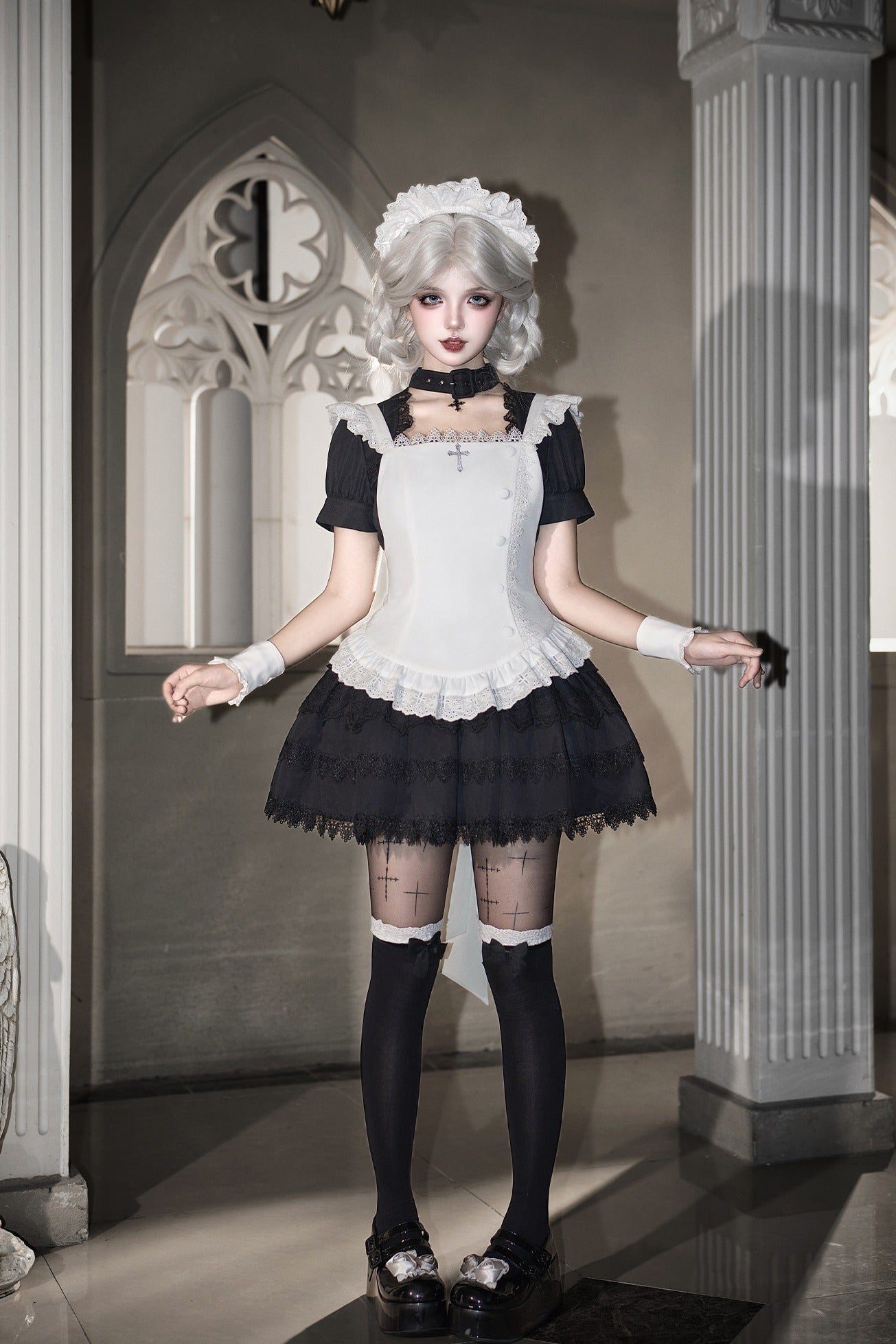 Gothic Sweet Maid Cross Lace Mini OP Dress with Apron Set Navy Black - LolitaEra