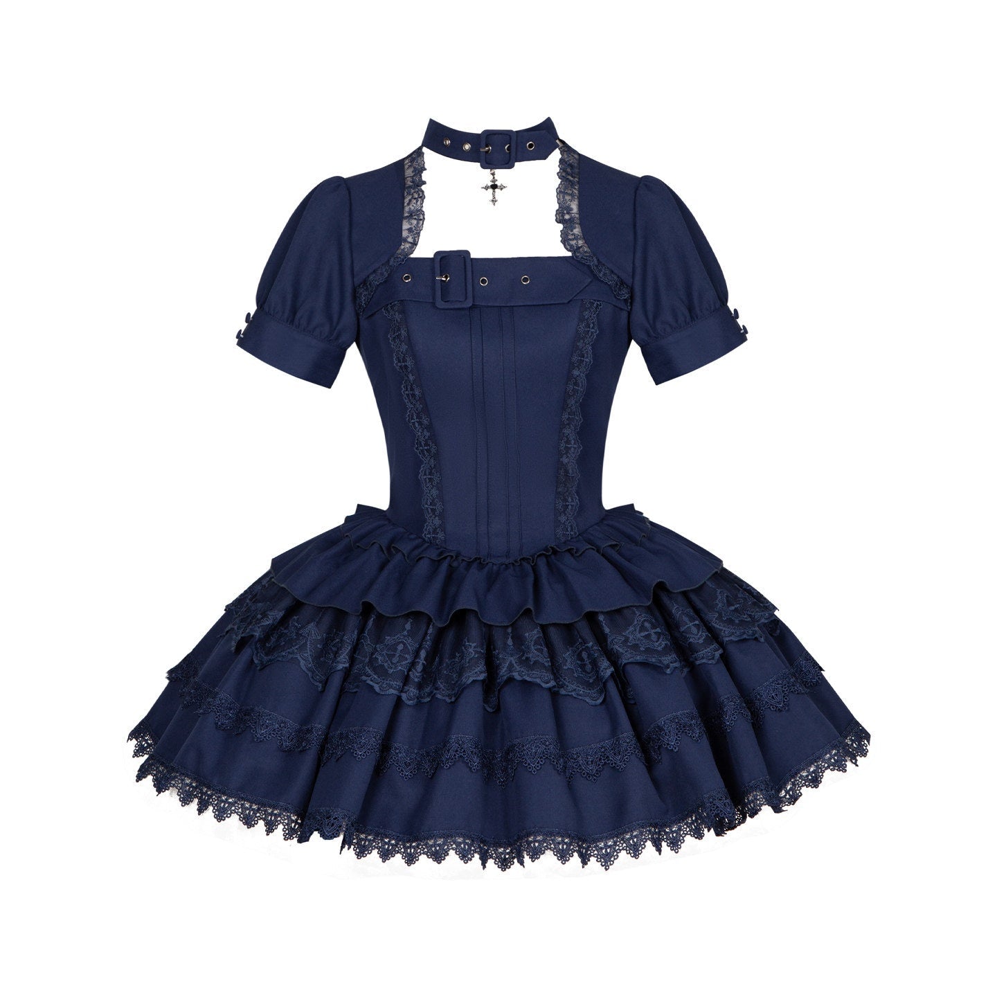Gothic Sweet Maid Cross Lace Mini OP Dress with Apron Set Navy Black - LolitaEra