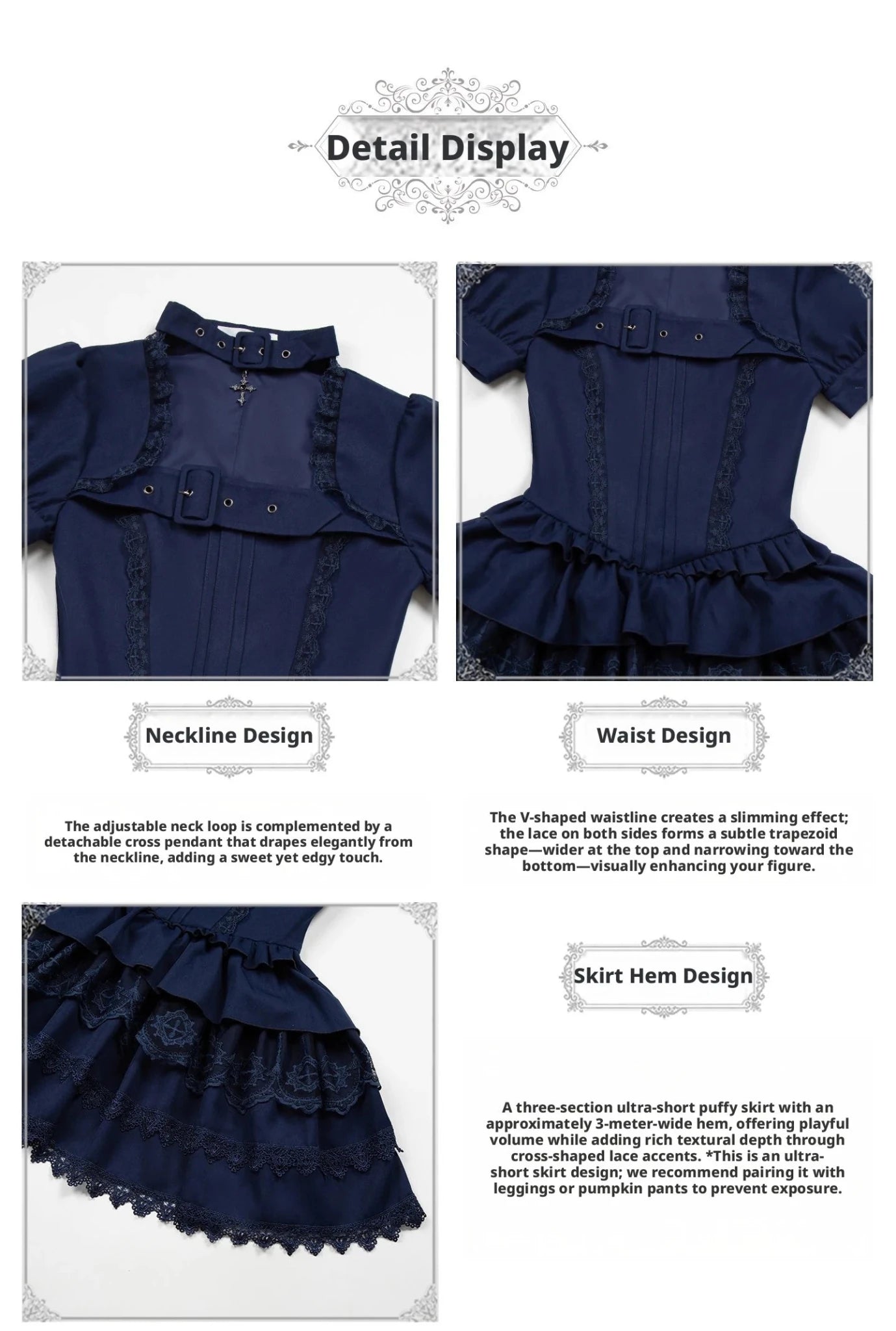 Gothic Sweet Maid Cross Lace Mini OP Dress with Apron Set Navy Black - LolitaEra