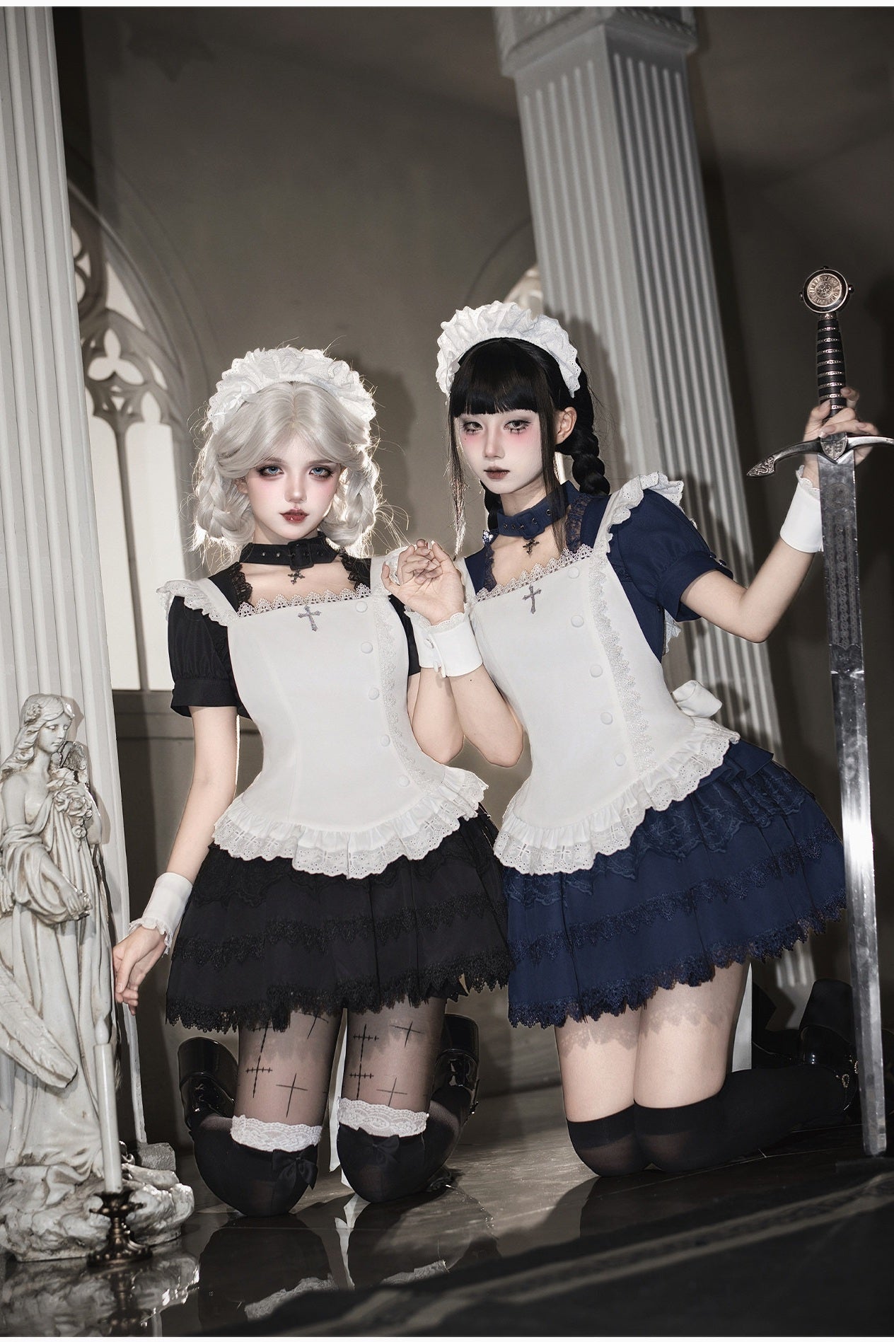 Gothic Sweet Maid Cross Lace Mini OP Dress with Apron Set Navy Black - LolitaEra