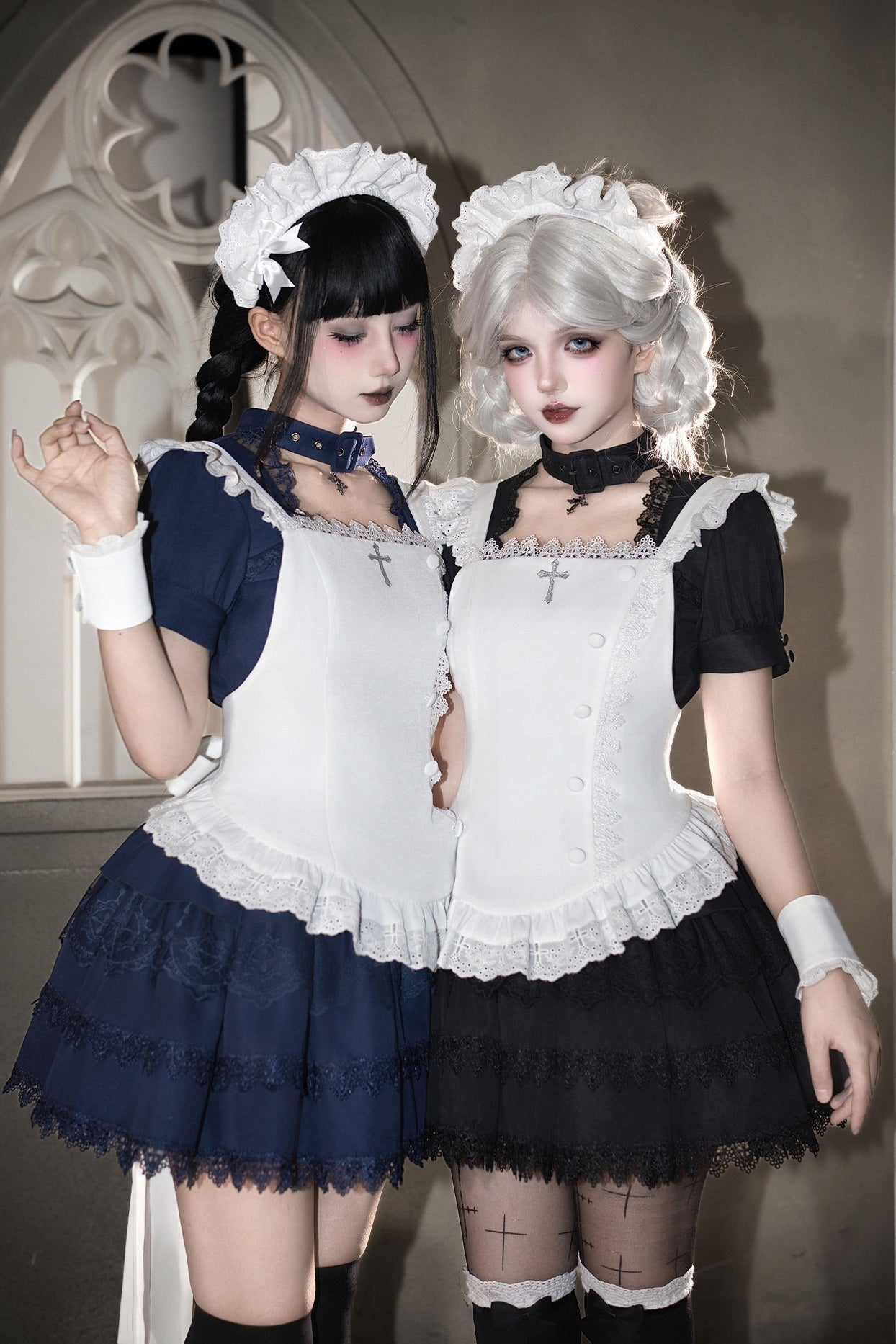 Gothic Sweet Maid Cross Lace Mini OP Dress with Apron Set Navy Black - LolitaEra