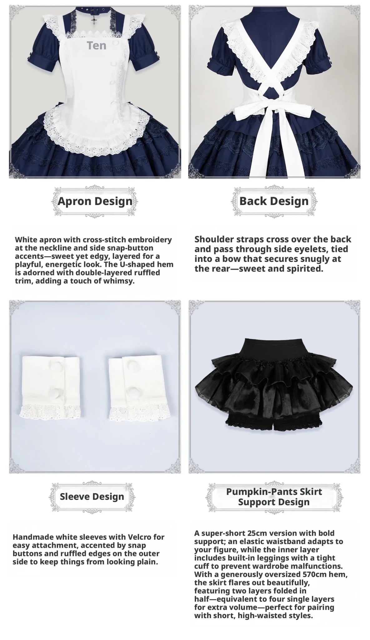 Gothic Sweet Maid Cross Lace Mini OP Dress with Apron Set Navy Black - LolitaEra