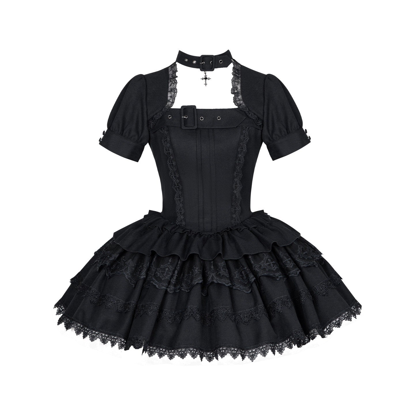 Gothic Sweet Maid Cross Lace Mini OP Dress with Apron Set Navy Black - LolitaEra