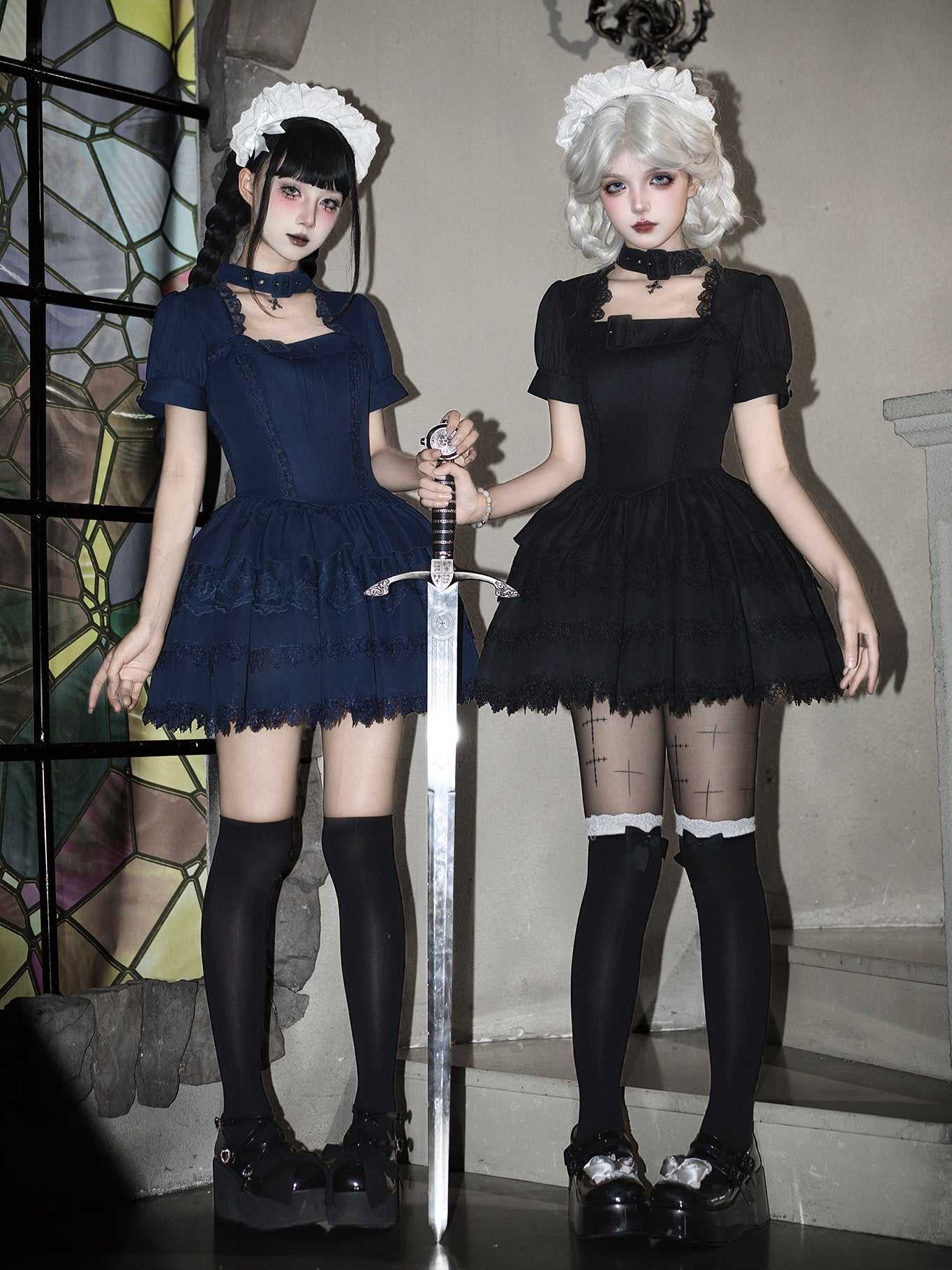 Gothic Sweet Maid Cross Lace Mini OP Dress with Apron Set Navy Black - LolitaEra