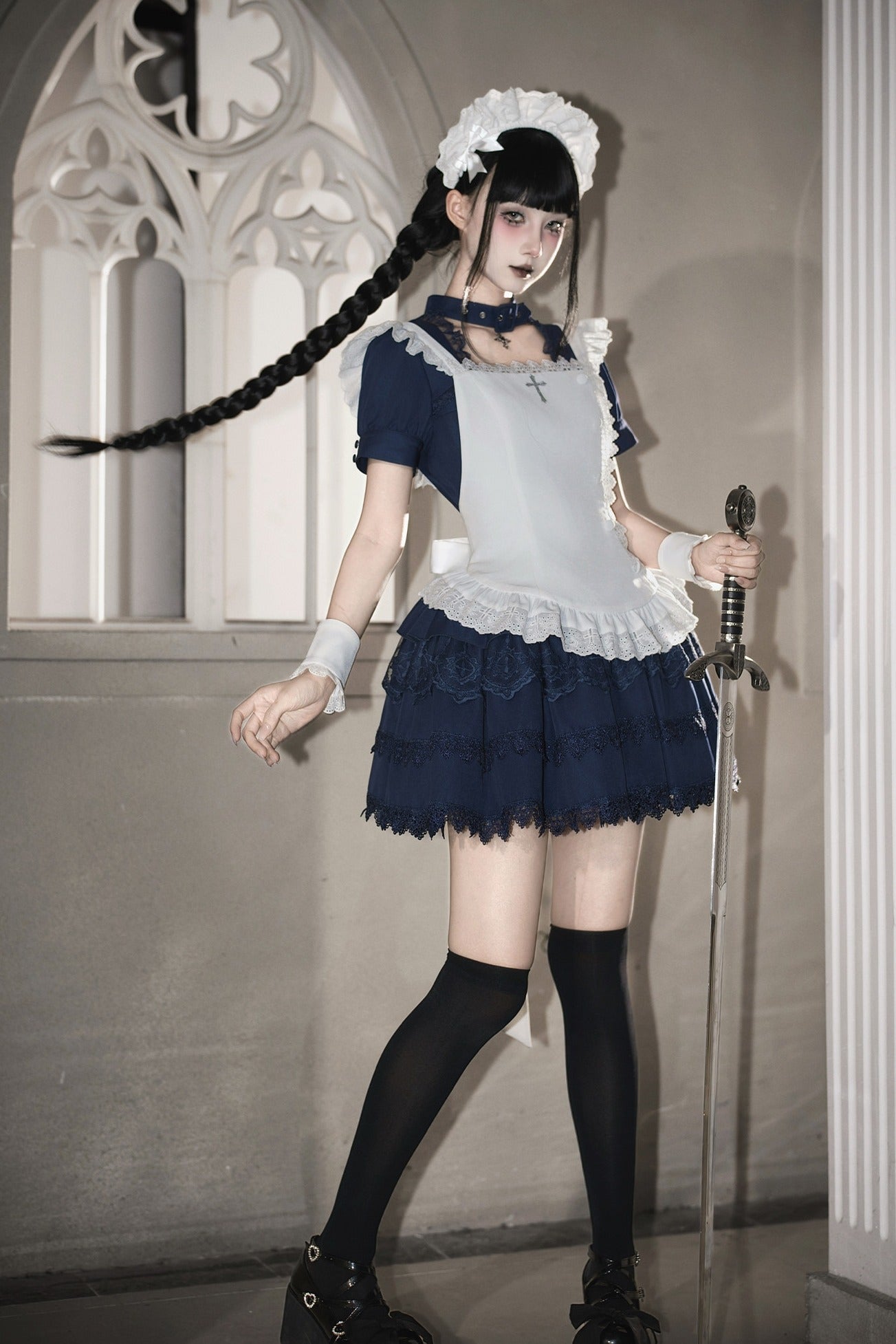Gothic Sweet Maid Cross Lace Mini OP Dress with Apron Set Navy Black - LolitaEra