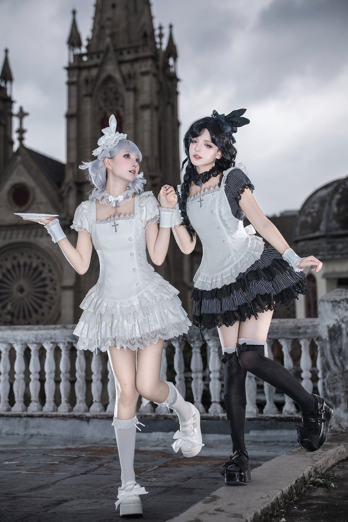 Gothic Sweet Maid Cross Stripe White Tiered Puff Mini OP Dress Twin Set - LolitaEra