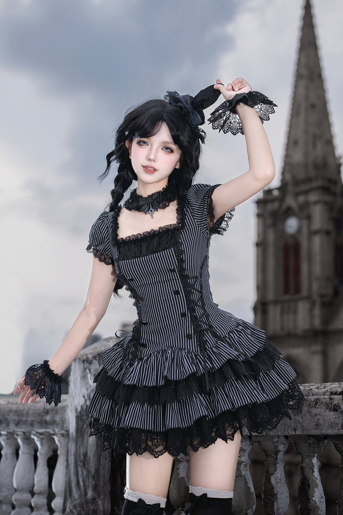 Gothic Sweet Maid Cross Stripe White Tiered Puff Mini OP Dress Twin Set - LolitaEra