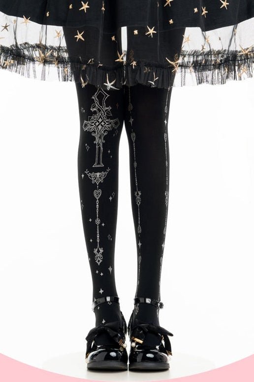 Gothic Thorn Cross Print Tights - LolitaEra