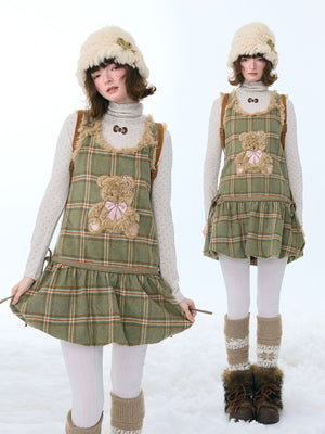 Green Plaid Vest Dress with Fluffy Bear Pockets LE1156 - LolitaEraGreenSGreen Plaid Vest Dress with Fluffy Bear Pockets LE1156