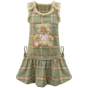 Green Plaid Vest Dress with Fluffy Bear Pockets LE1156 - LolitaEraGreenSGreen Plaid Vest Dress with Fluffy Bear Pockets LE1156