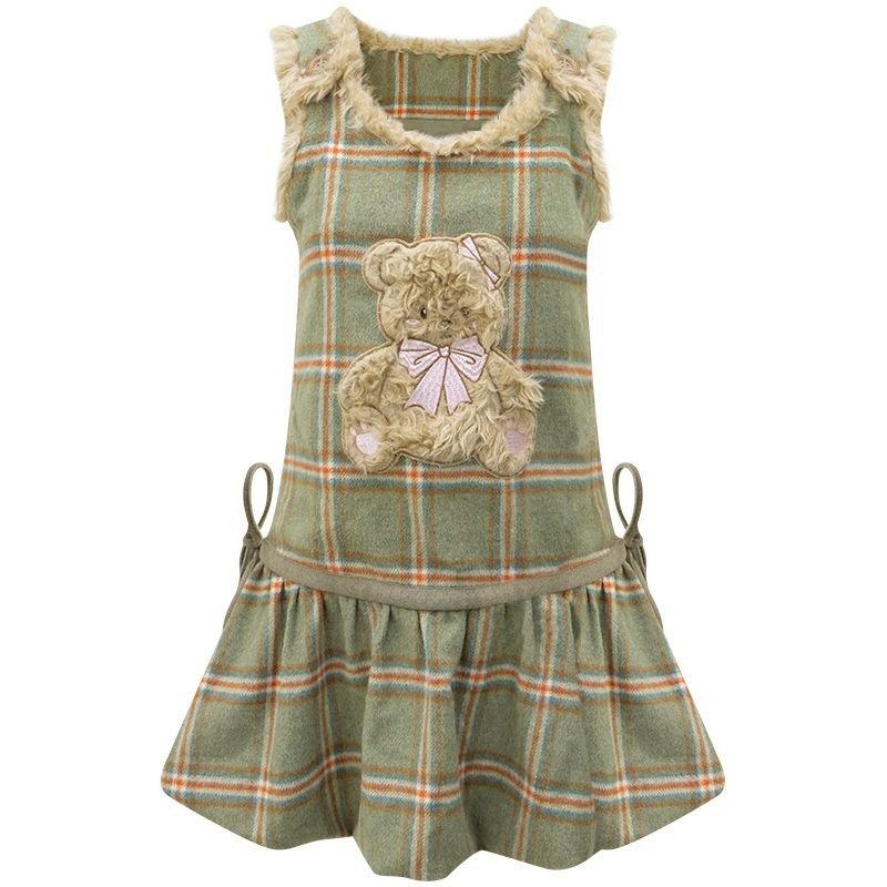 Green Plaid Vest Dress with Fluffy Bear Pockets LE1156 - LolitaEraGreenSGreen Plaid Vest Dress with Fluffy Bear Pockets LE1156