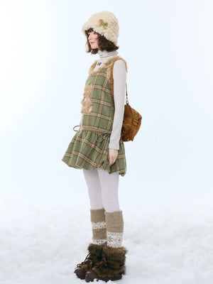 Green Plaid Vest Dress with Fluffy Bear Pockets LE1156 - LolitaEraGreenSGreen Plaid Vest Dress with Fluffy Bear Pockets LE1156