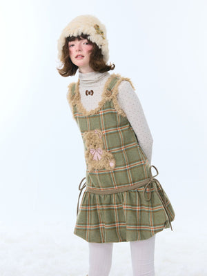 Green Plaid Vest Dress with Fluffy Bear Pockets LE1156 - LolitaEraGreenSGreen Plaid Vest Dress with Fluffy Bear Pockets LE1156