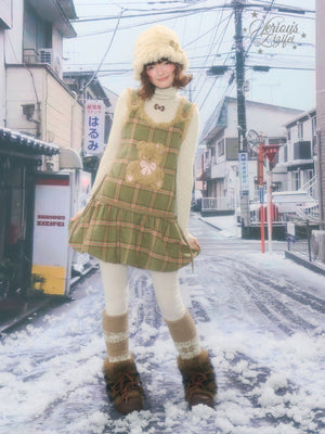 Green Plaid Vest Dress with Fluffy Bear Pockets LE1156 - LolitaEraGreenSGreen Plaid Vest Dress with Fluffy Bear Pockets LE1156