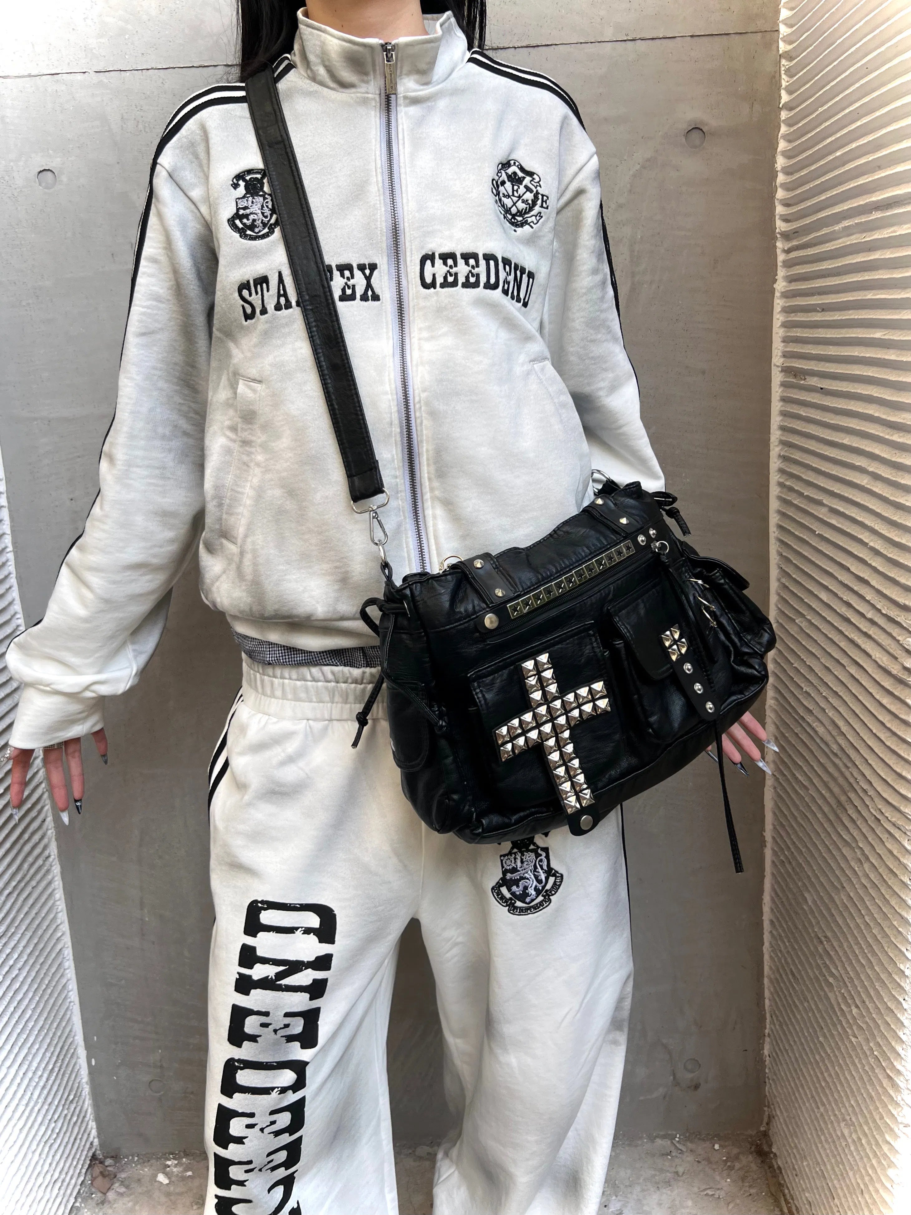 Handmade Punk Cross Tote Bag with Rivets and Studs