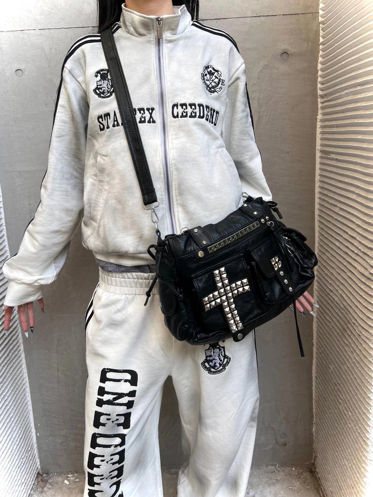 Handmade Punk Cross Tote Bag with Rivets and Studs - LolitaEra