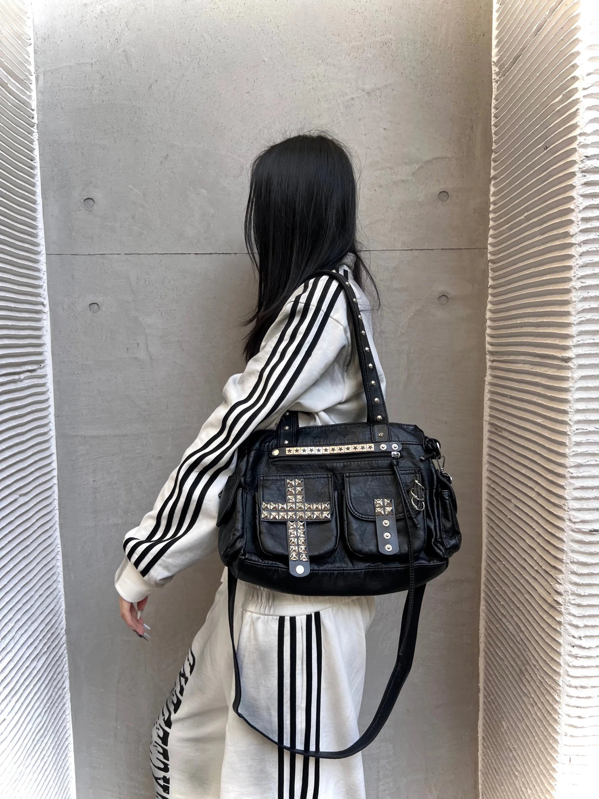 Handmade Punk Cross Tote Bag with Rivets and Studs - LolitaEra