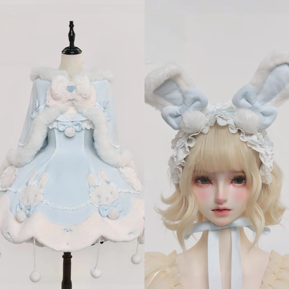 Bunny Ball 2.0 Lolita Winter Doll Style JSK Cape Set Blue Halter Version