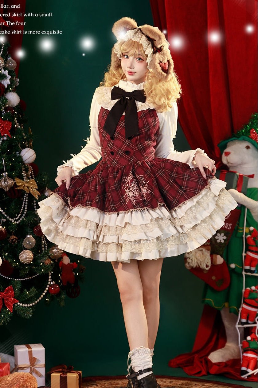 Holly Berry Bear Plaid JSK Cloak Set - LolitaEraJSK+CloakSHolly Berry Bear Plaid JSK Cloak Set