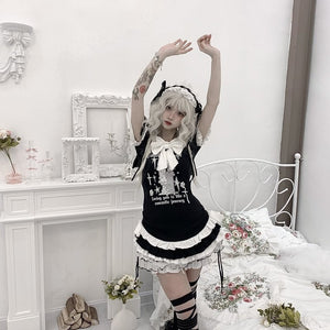 Hooded Kawaii Bowknot Anime Slim - fit T-shirt - LolitaEraBlackSHooded Kawaii Bowknot Anime Slim - fit T-shirt