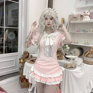 Hooded Kawaii Bowknot Anime Slim - fit T-shirt - LolitaEraPinkSHooded Kawaii Bowknot Anime Slim - fit T-shirt