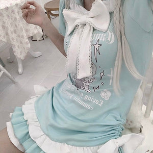 Hooded Kawaii Bowknot Anime Slim - fit T-shirt - LolitaEraBlueSHooded Kawaii Bowknot Anime Slim - fit T-shirt