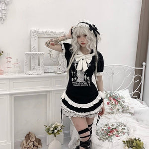 Hooded Kawaii Bowknot Anime Slim - fit T-shirt - LolitaEraBlackSHooded Kawaii Bowknot Anime Slim - fit T-shirt