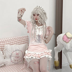 Hooded Kawaii Bowknot Anime Slim - fit T-shirt - LolitaEraBlackSHooded Kawaii Bowknot Anime Slim - fit T-shirt