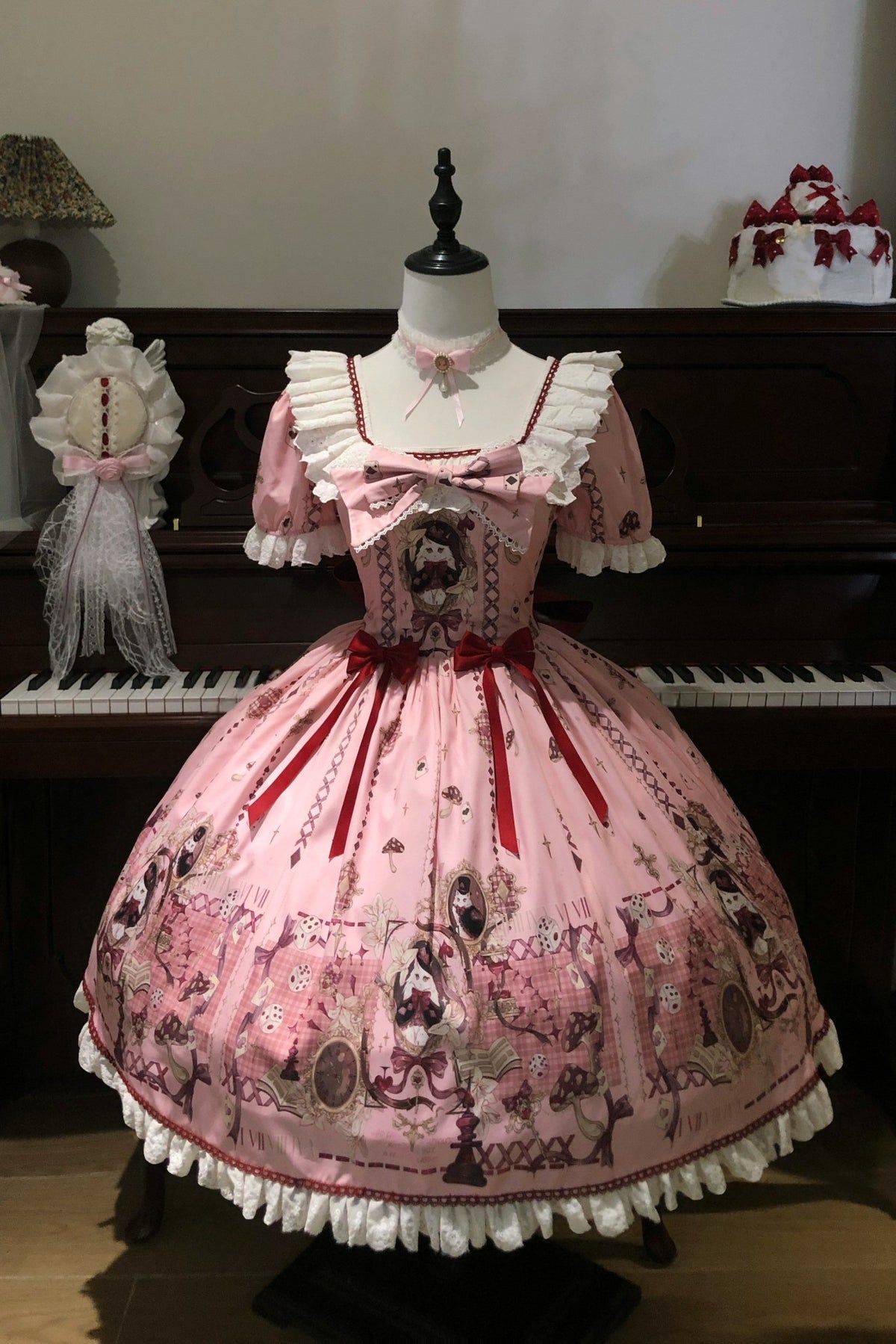 Illusion Meow Duke Pink Cat Print Sweet Lolita OP JSK Dress - LolitaEra