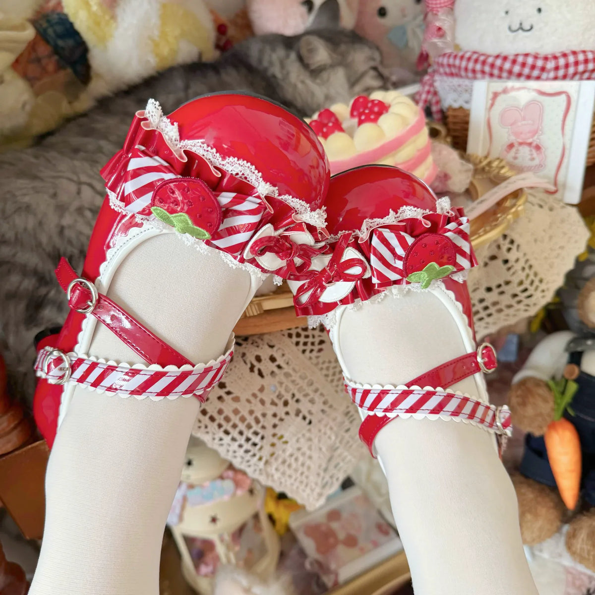 In-stock Berry Troubles Red Lolita Shoes Strawberry Lolita Cat Paw Heel Strawberry Rhapsody Lolita Shoes