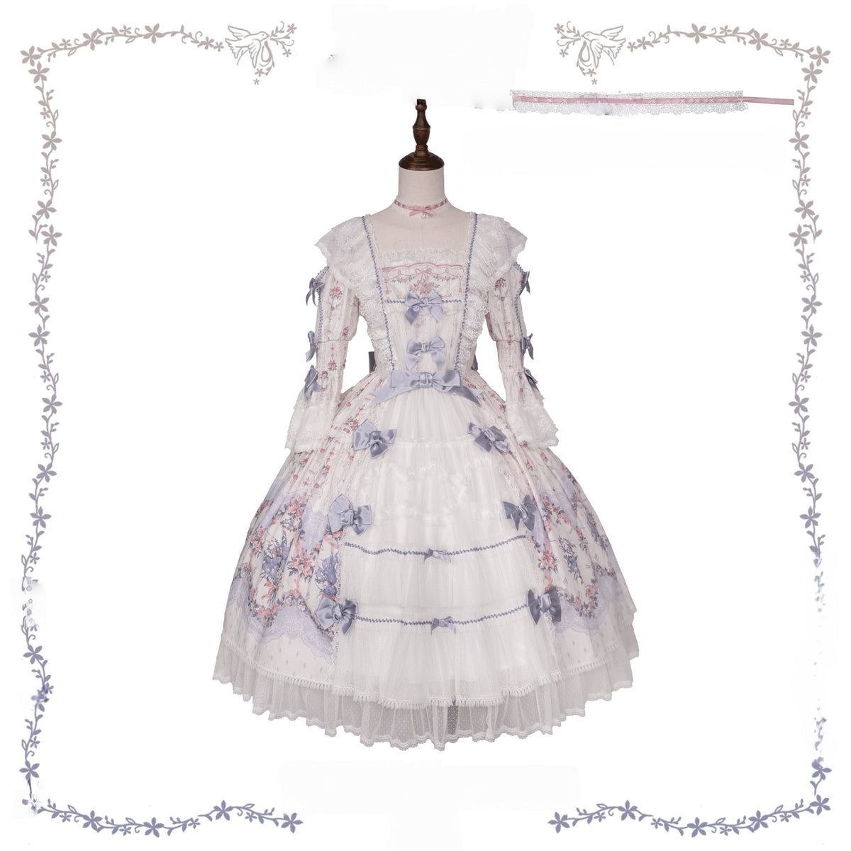 Iris Clock Floral‑Wall Front‑Opening Lolita Hime‑Sleeve Dress - LolitaEra